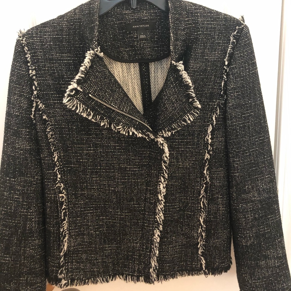 Ann Taylor Moto blazer black and white woven